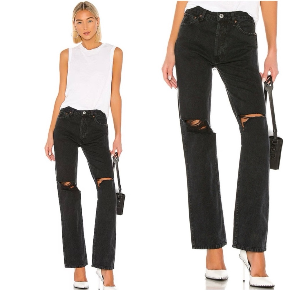 RE/DONE High Rise Loose Jeans Washed Black with Rips - 28